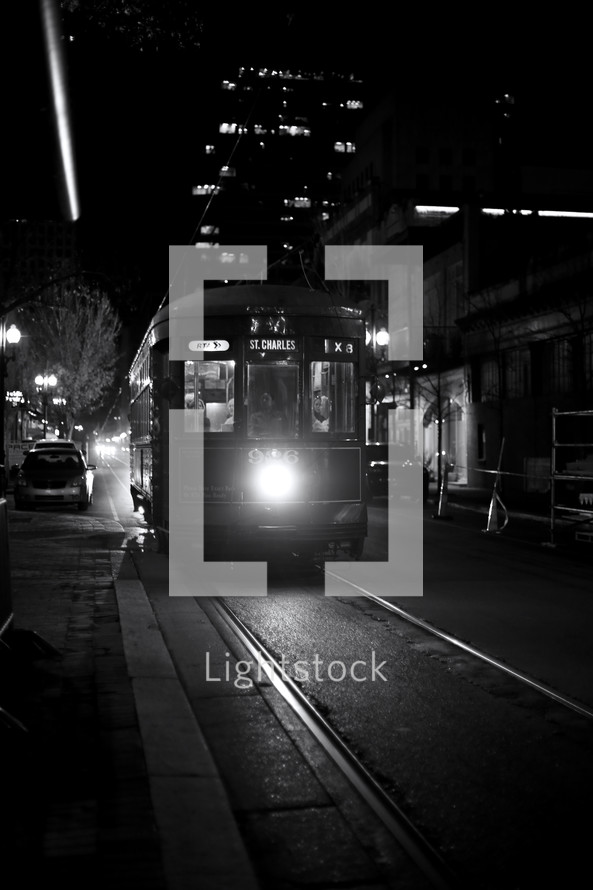 A streetcar at night.