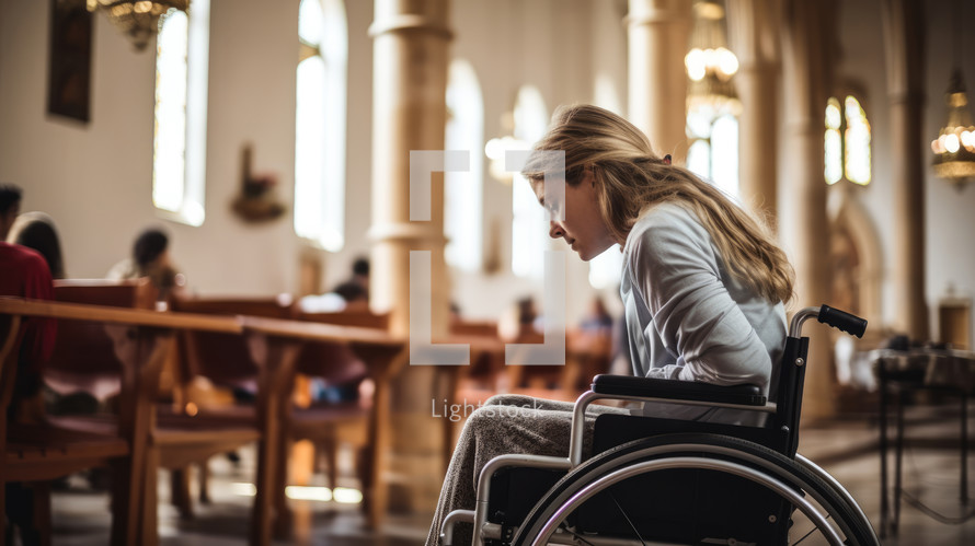 Woman in a wheelchair in a church. Selective focus.