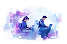 Bible Study. Young man and woman sitting in front of laptop. Vector illustration