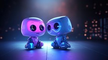 3d rendering of two cute robot characters standing in front of dark background