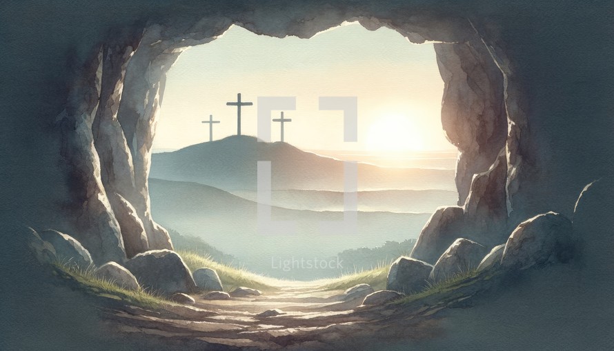View on the three Crosses on Golgotha from the Holy Sepulchre at sunrise. Digital watercolor painting illustration.
