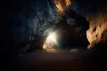 Resurrection. Inside of a cave with light and shadow on the ground