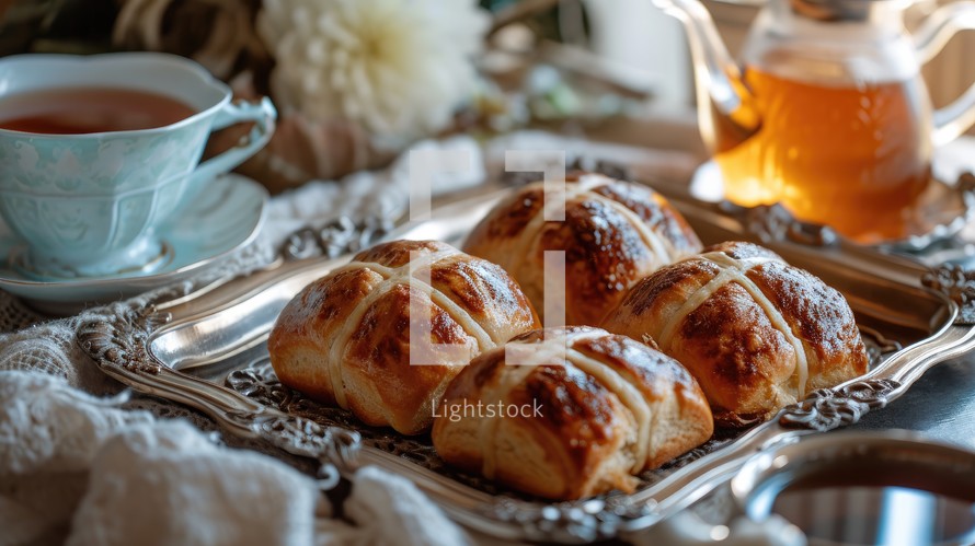 Easter. Freshly baked buns in a basket on a wooden table.