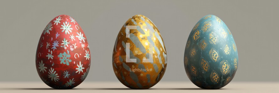 Three easter eggs with gold and blue pattern