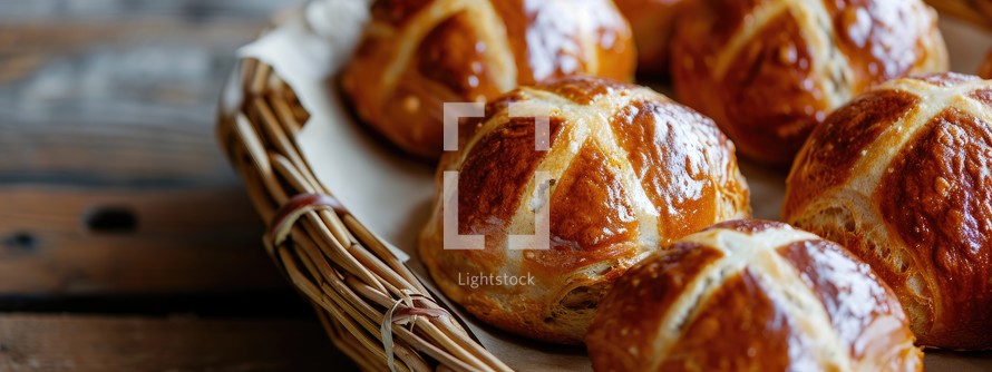 Easter. Good Friday. Homemade hot cross buns in a basket on a wooden table