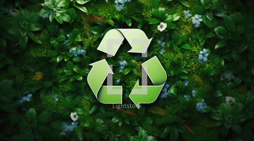 Recycling symbol against green leafy background 