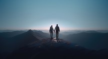Couple on top of a mountain at sunset.