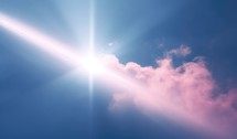 Divine presence. Blue sky background with clouds and sun rays.