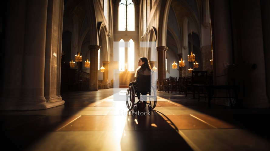 Silhouette of disabled young woman in wheelchair praying inside the church.