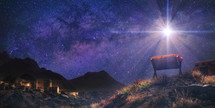 Manger below the star with Bethlehem in the background