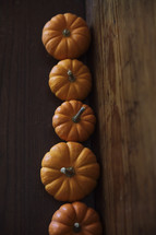 row of orange pumpkins on wood 