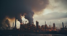 Refinery plant with smoke and smog in the evening. Global warming concept.