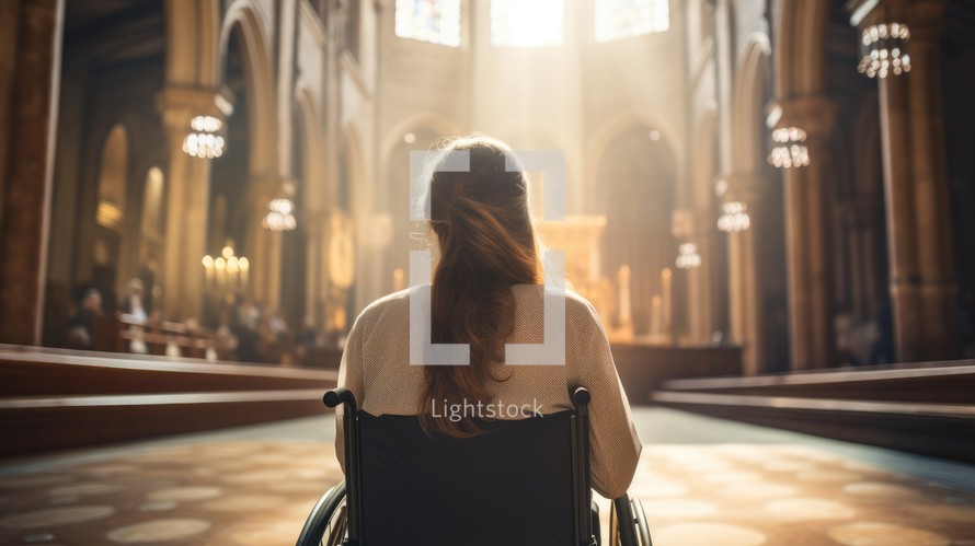 Young woman in wheelchair praying in the church, rear view