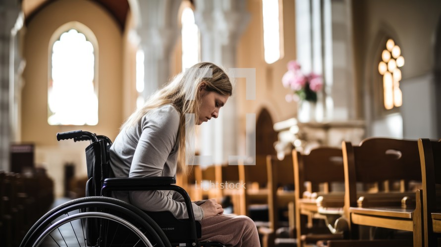 Woman in a wheelchair praying in a church, shallow depth of field