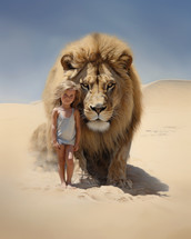 Jesus, the lion. Lion and little girl in the dunes of desert