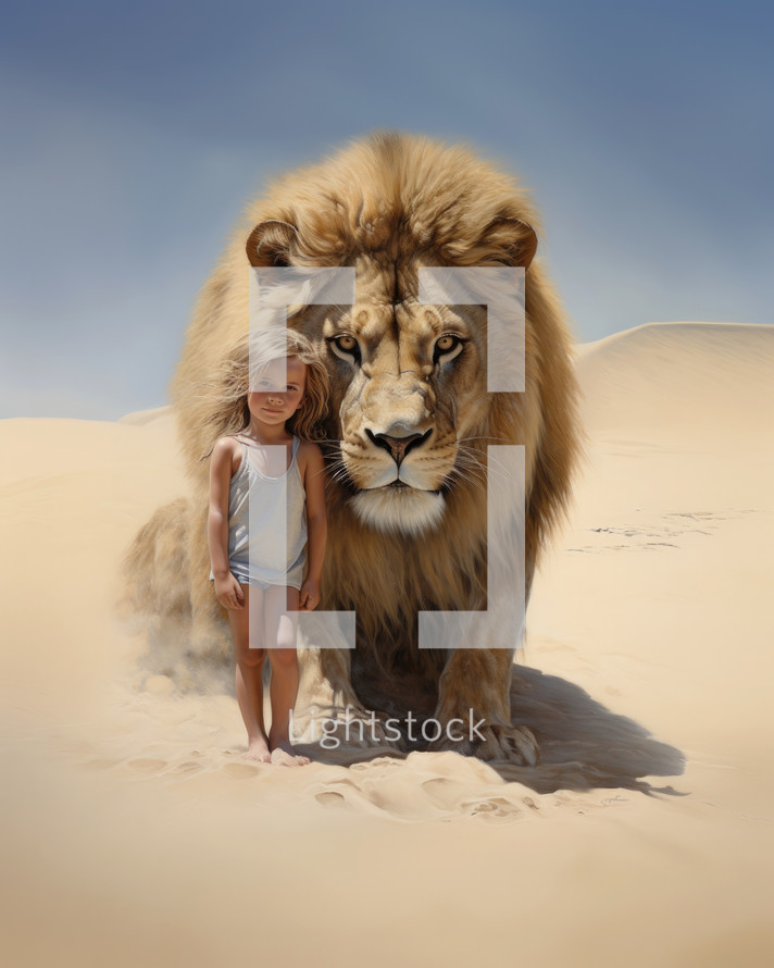Jesus, the lion. Lion and little girl in the dunes of desert