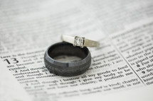 wedding rings on the pages of a Bible 