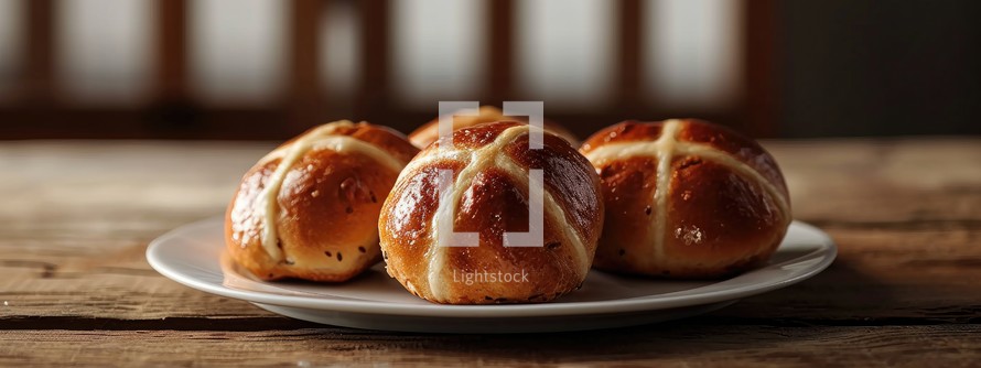 Easter. Good Friday. Homemade hot cross buns on a plate on a wooden table