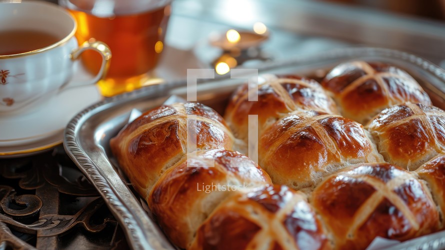 Easter. Good Friday. Hot cross buns on a metal tray with a cup of tea