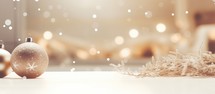Christmas background with decorations, snowflakes and bokeh effect