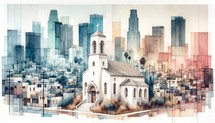 Watercolor painting of a little church in Los Angeles, California, cityscape skyline