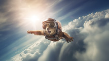 A cute squirrel flying through the clouds with pilot goggles.