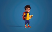 Cute african american schoolboy with backpack and book on blue background