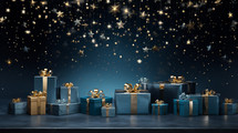 Nice Christmas gifts with blue wrapping, gold ribbon and stars in the background. 