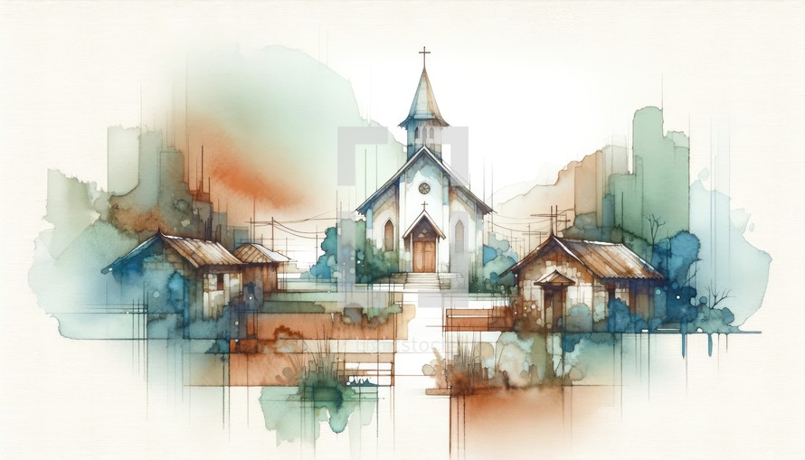 Watercolor painting of an old wooden church in an Asian village