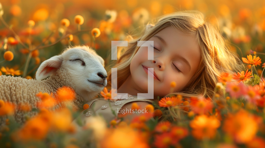 Cute little girl with a lamb in a field of flowers.