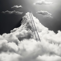 Path to Heaven. Ladder leading to the sky with clouds on top of a mountain