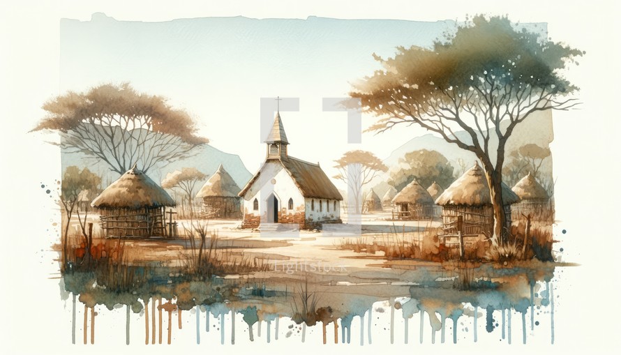 Watercolor painting of a church in an African village