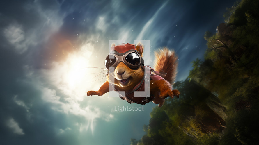 A cute red squirrel flying through the air with pilot goggles.