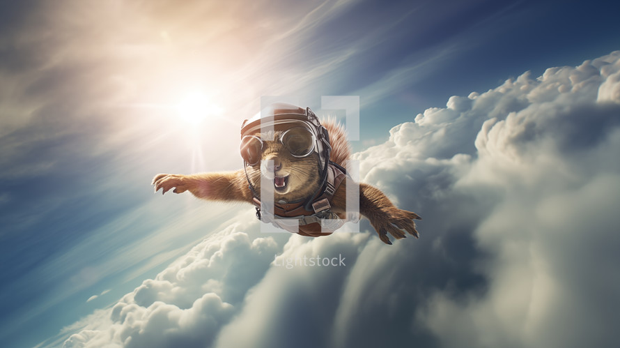 A cute squirrel flying through the clouds with pilot goggles.