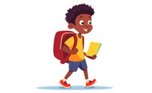 Cute african american schoolboy walking with backpack and book. Vector cartoon illustration