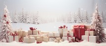 Christmas background with gift boxes and christmas trees in snowy forest.