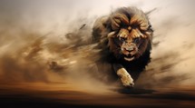 Lion running in the desert in clouds of dust