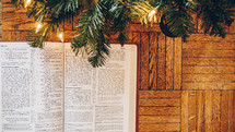 open Bible and Christmas tree 