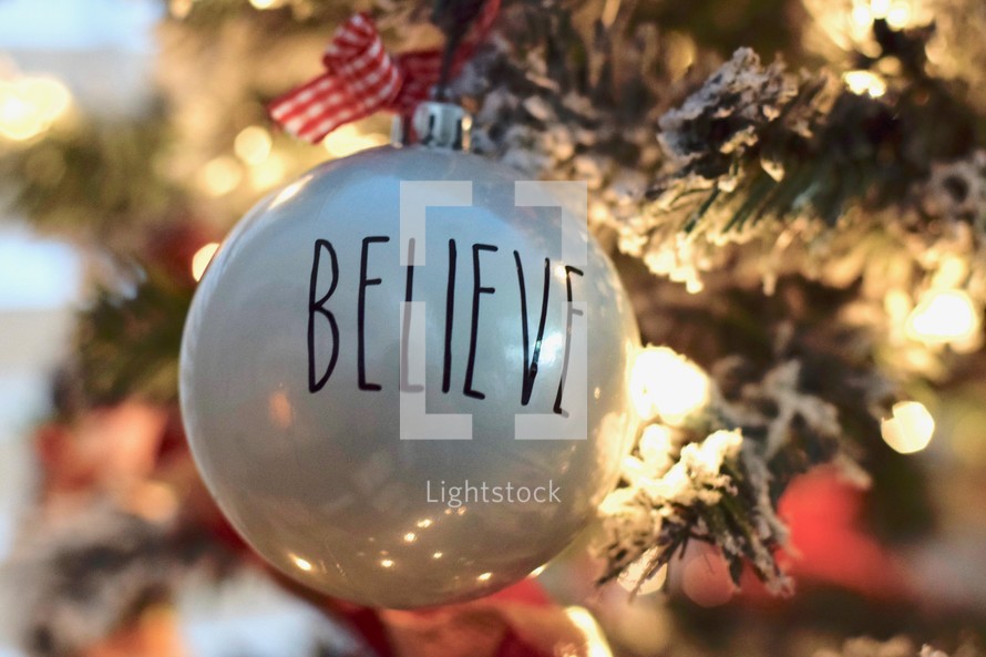 Believe ornament on a Christmas tree 