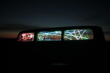 neon lights in an old VW van