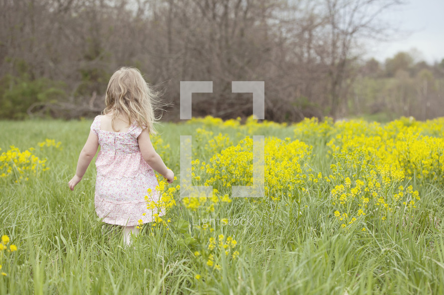 A child in a field of yellow flowers.