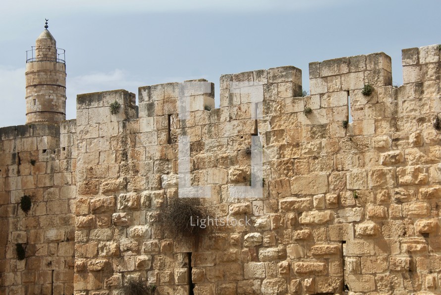 Old city Walls of Jerusalem with Tower of David 