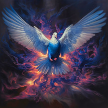 Winged dove in blue flames, a representation of the New Testament Holy Spirit