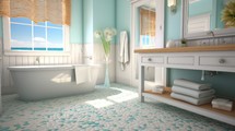 Generative AI A coastal-themed bathroom with beachy colors, seashell decor, and a pebble tile floor.