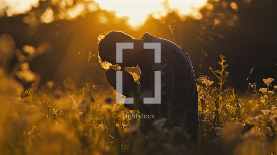 Young man praying in the meadow in the sunset light.
