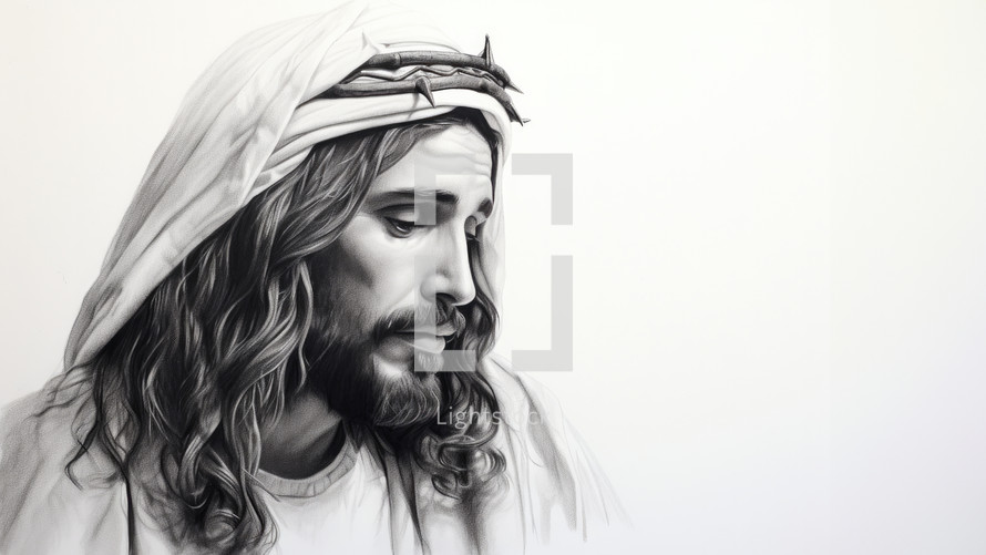Jesus Christ and crown of thorns on white background