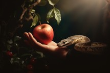 The original sin, the forbidden fruit. Hand holding an apple and a snake on a dark background.