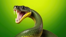 The original sin. Green snake with mouth open on a green background