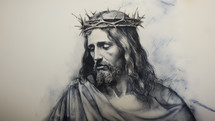 Jesus Christ with crown of thorns and smoke on a white background