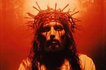 Jesus Christ with crown of thorns on his head and red background